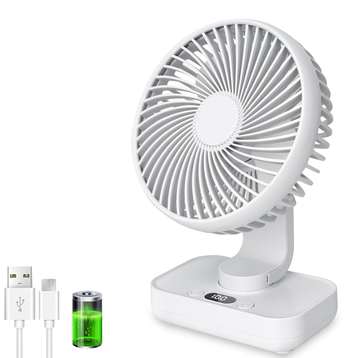 Tischventilator Automatisch Oszillierend, Leise 30 dB, Sanfter Luftstrom, 4500mAh Akku, USB-C, LED D
