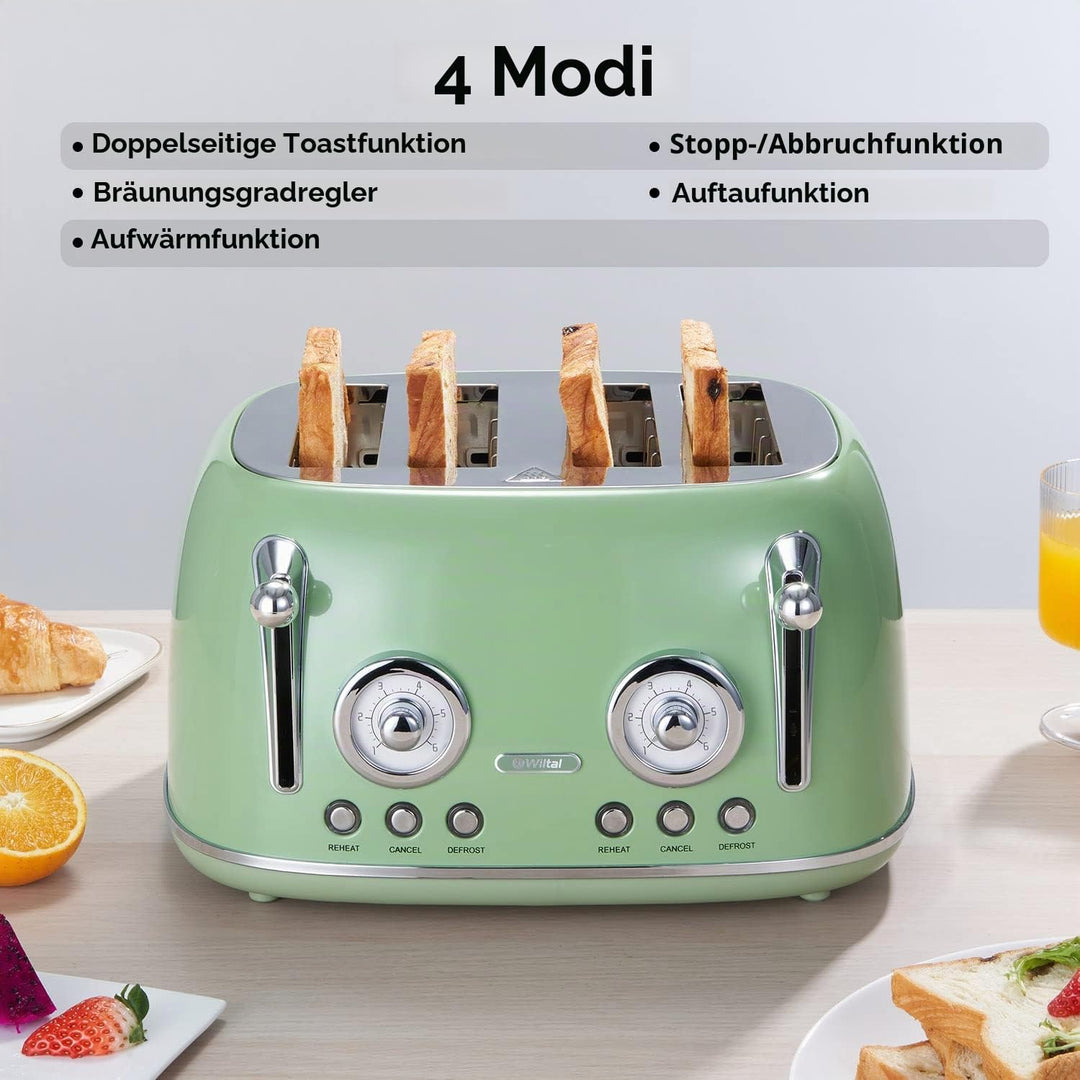 Wiltal Toaster 4 Scheiben, Toaster Langschlitz, Edelstahl Gehäuse, mit Integrierten Brötchenaufsatz,