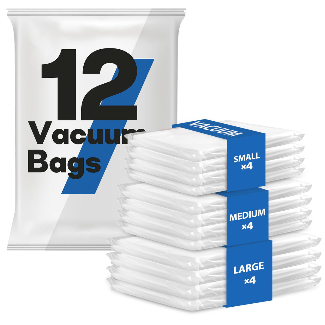 Vakuumbeutel für Kleidung, 12 Stück (4 Grosse, 4 Mittlere, 4 Kleine), Wiederverwendbare Vakuumierbeu
