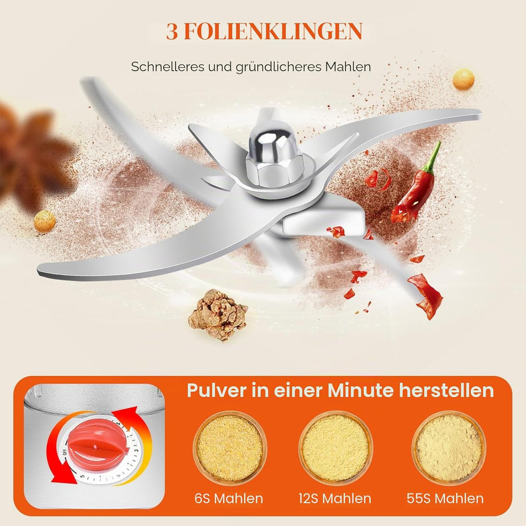 Getreidemühle Elektrisch, 500g Elektrische Getreidemühle Edelstahl Mühle mit 28000rpm Starker Motor
