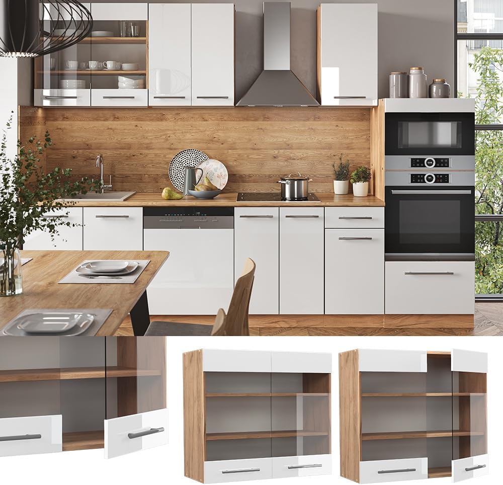 Vicco Küchenschrank Glas Fame-Line, Weiss Hochglanz/Goldkraft Eiche, 80 cm Hängeglasschrank 80 cm We