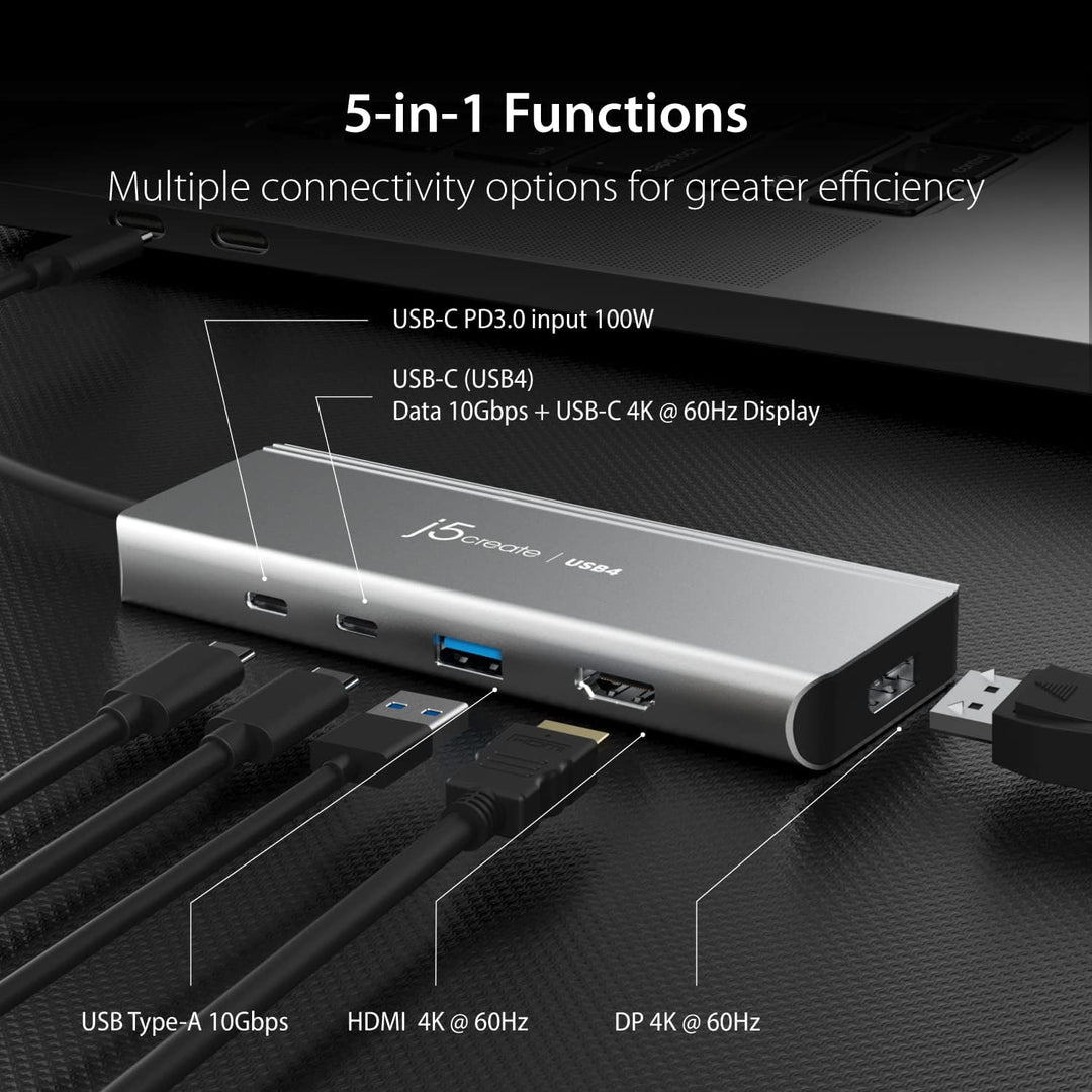 j5create USB4 Multi-Port Hub-5 in 1 USB4 Hub mit PD 85W/Dual 4K Display/DisplayPort 1.4/USB-A/USB-C