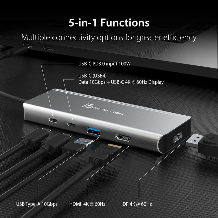 j5create USB4 Multi-Port Hub-5 in 1 USB4 Hub mit PD 85W/Dual 4K Display/DisplayPort 1.4/USB-A/USB-C