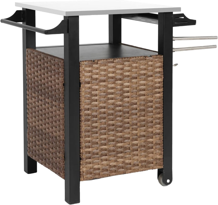Rollbarer Rattan-Servierwagen mit ausziehbarer Edelstahl-Tischplatte, Kücheninsel für Outdoor mit Sc