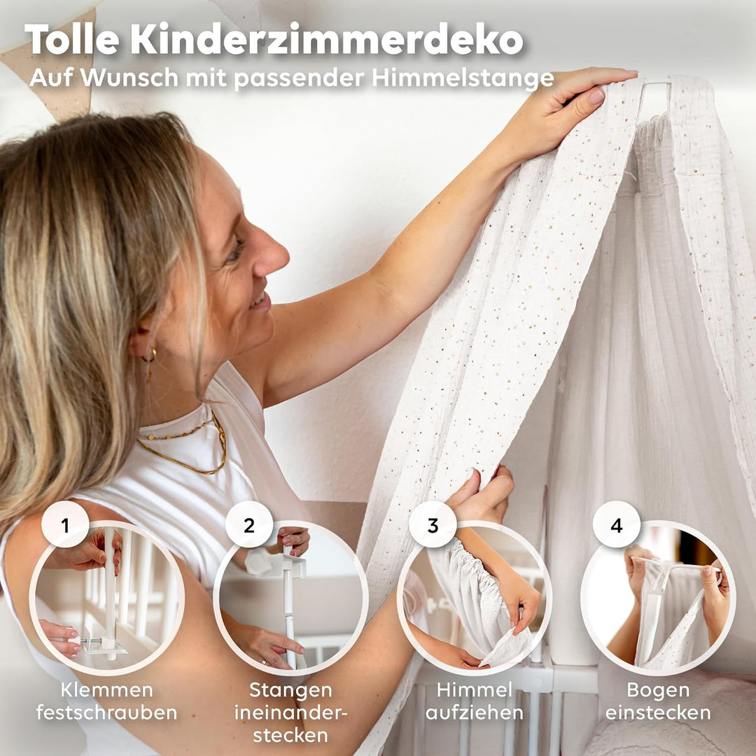 Betthimmel Babybett mit Goldapplikationen [in 12 Farben] Himmel Babybett aus 100% Baumwolle Musselin