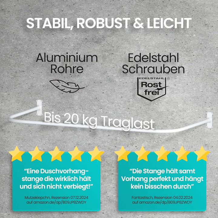 Duschvorhangstange L Form & Duschstange U Form 4 in 1 System inkl. 12 Ringe - Stabile Winkelstange D
