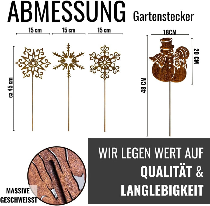 Terma Stahldesign Gartenstecker Rost 4er Set Schneemann mit Sterne/Eiskristall Made in Germany Outdo