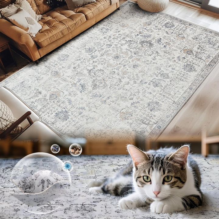 TOPICK Teppich Fussmatte Waschbar Fussmatte Innen Aussen Kurzflor Retro Grau Blume Orientalischer Te