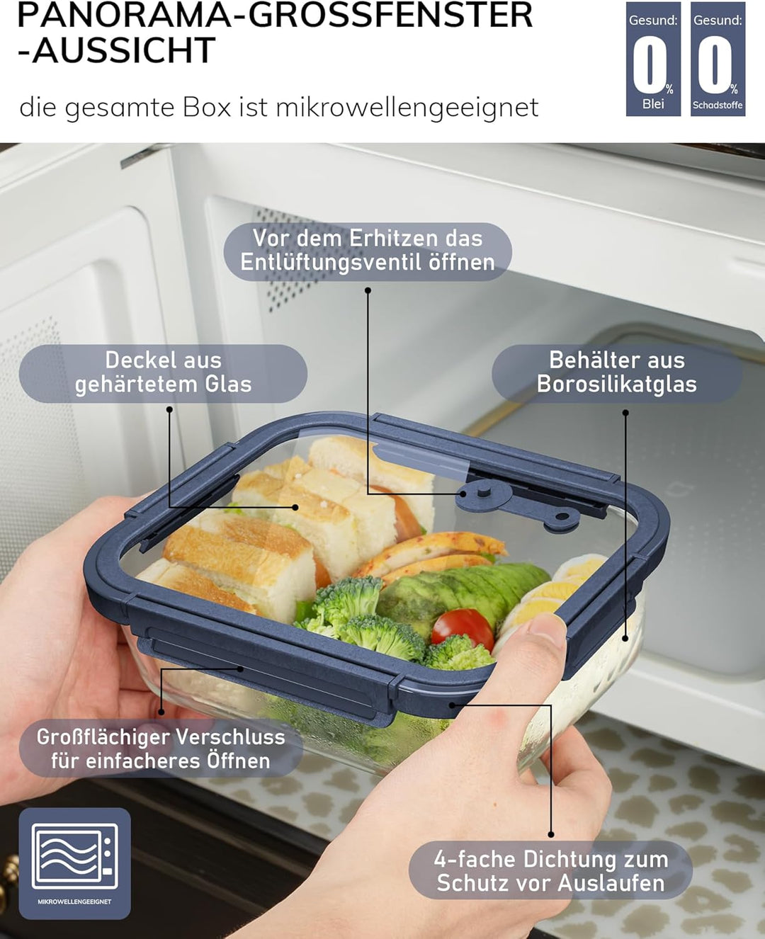 5er-Pack Borosilikatglasbehälter mit gehärtetemDeckel, 1040 ml/ 4,4 Tassen, luftdichtes Mahlzeiten-V