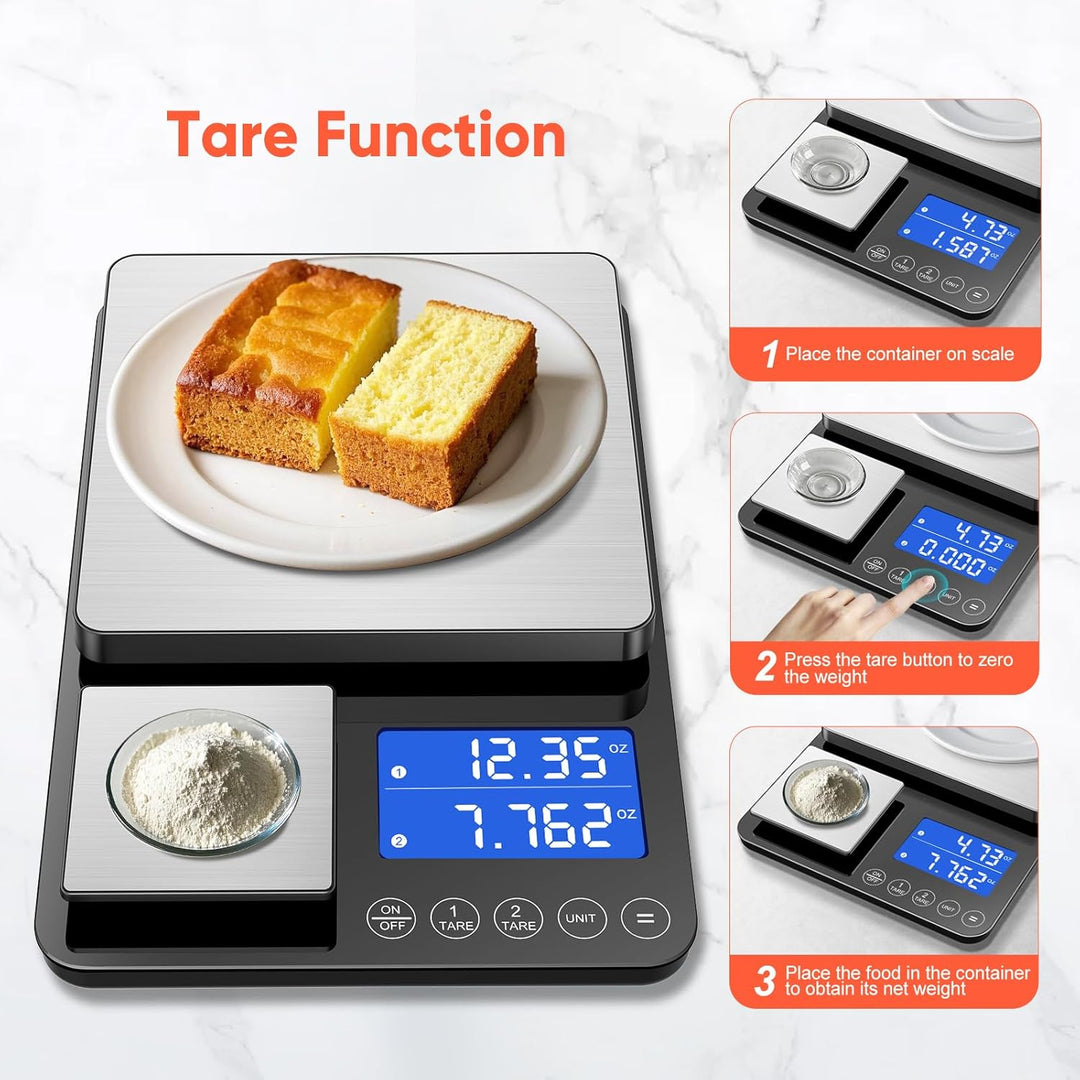Küchenwaage Digital 15 kg / 0,01 g, Hochpräzise Zweibereichs Waage Küche mit Addierfunktion, Tara-Fu