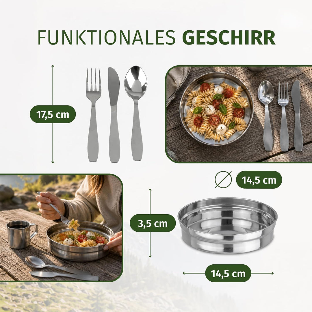 Moritz Camping Kochgeschirr Set 7-teilig Edelstahl - Topf Becher Besteck | Für 1-2 Personen, stapelb