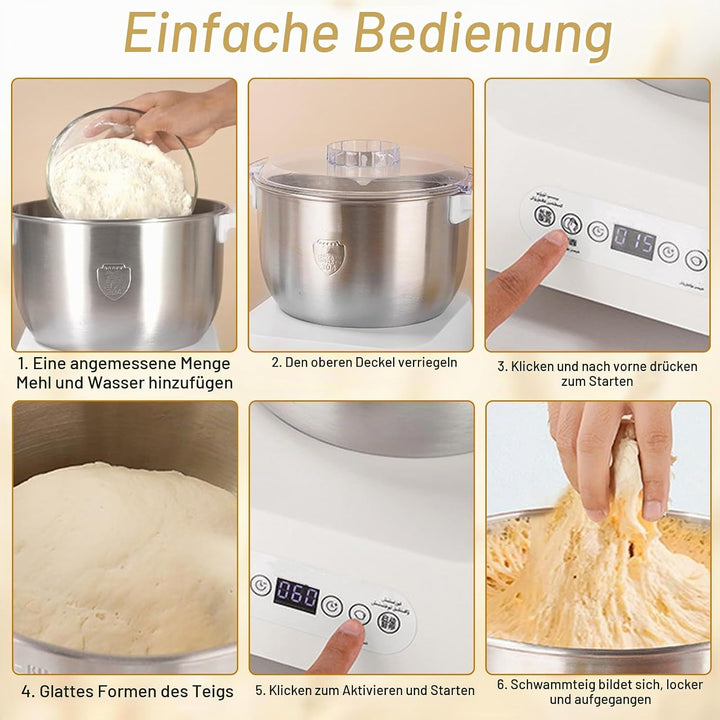 Edelstahl Teigmehl Mixer, 7L Teigknetmaschine mit Fermentierungsfunktion, Edelstahl Teigmaschine mit