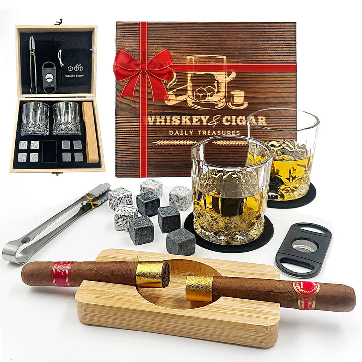 Daily Treasures Whiskey Steine Geschenkset mit hölzernem Aschenbecher&Schneider,Whiskey Gläser Set v