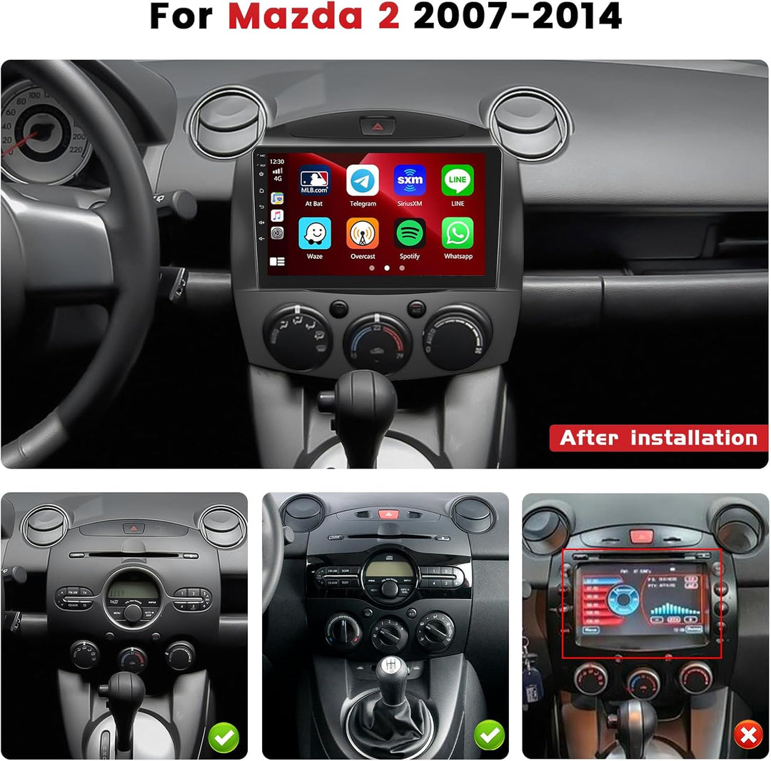 Hikity 4+64G Android 15 Autoradio für Mazda 2 2007-2014, 9" Bildschirmradio mit Wireless CarPlay And