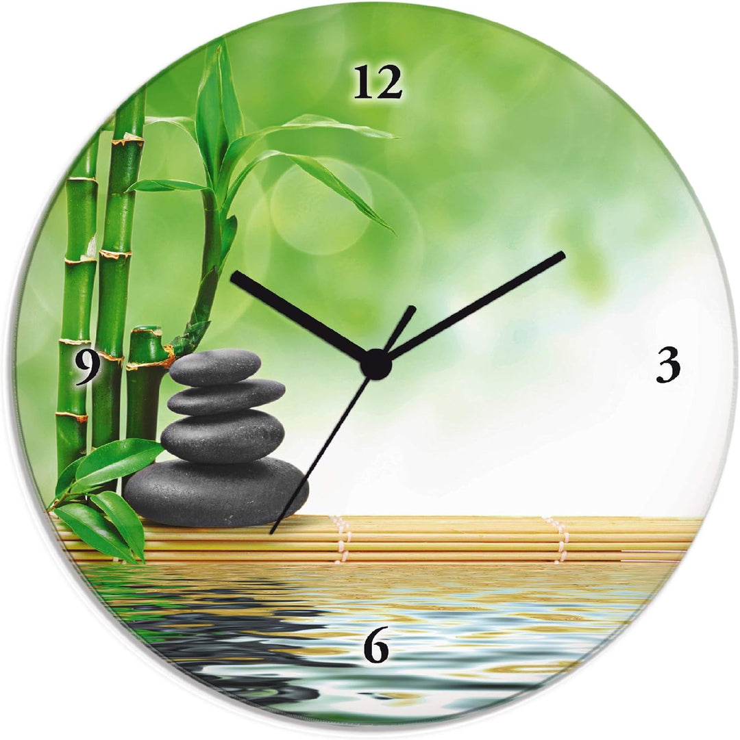 ARTLAND Wanduhr ohne Tickgeräusche Glas Quarzuhr Ø 30 cm Rund Lautlos Zen Asiatisch Spa Steine See Y