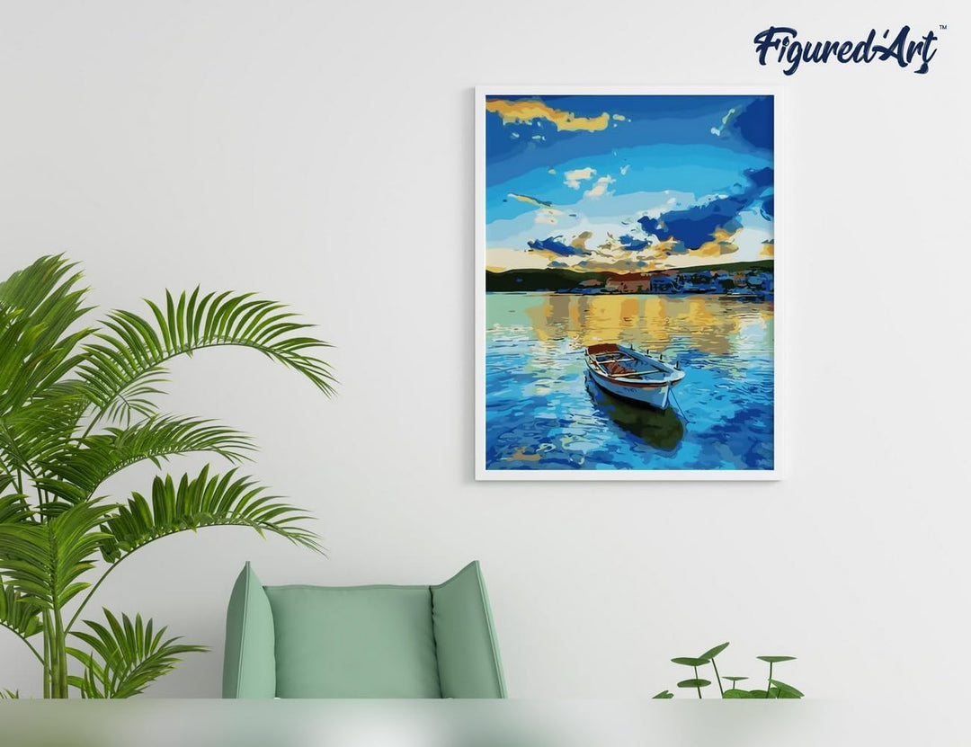 Figured'Art Malen Nach Zahlen Erwachsene Mit Rahmen Boot und Sonnenaufgang - Paint by Numbers Bastel
