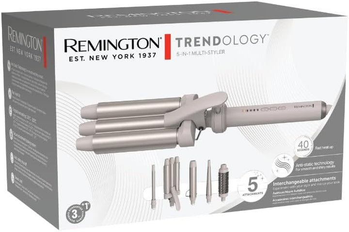 Remington Lockenstab 5in1 [Welleneisen, Rundbürste 38mm, 3 Lockenaufsätze 13-33mm] Trendology (LED d