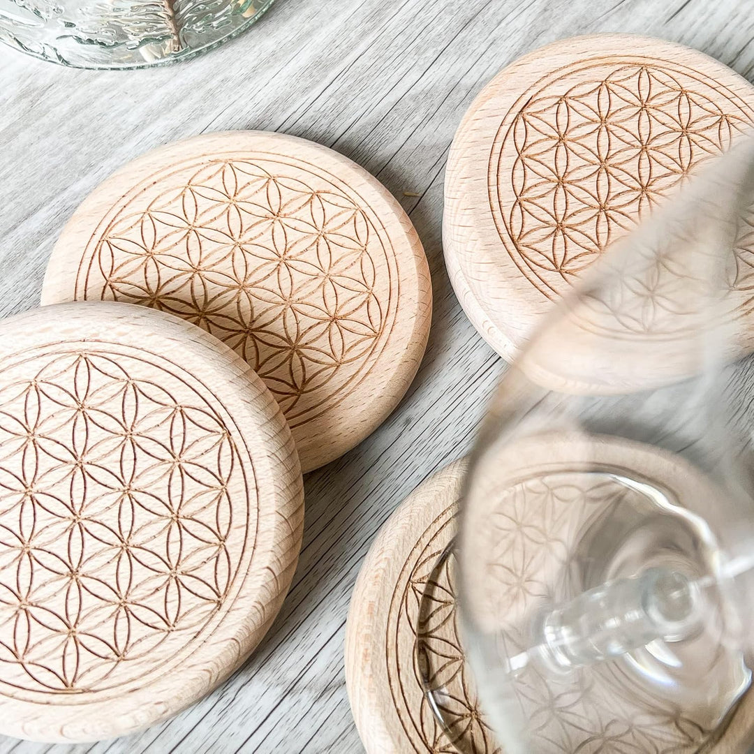 Spruchreif | Glasuntersetzer/Glasabdeckung mit Holz-Ständer | Motiv: Blume des Lebens (6er Set) | Es