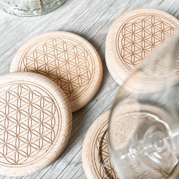 Spruchreif | Glasuntersetzer/Glasabdeckung mit Holz-Ständer | Motiv: Blume des Lebens (6er Set) | Es