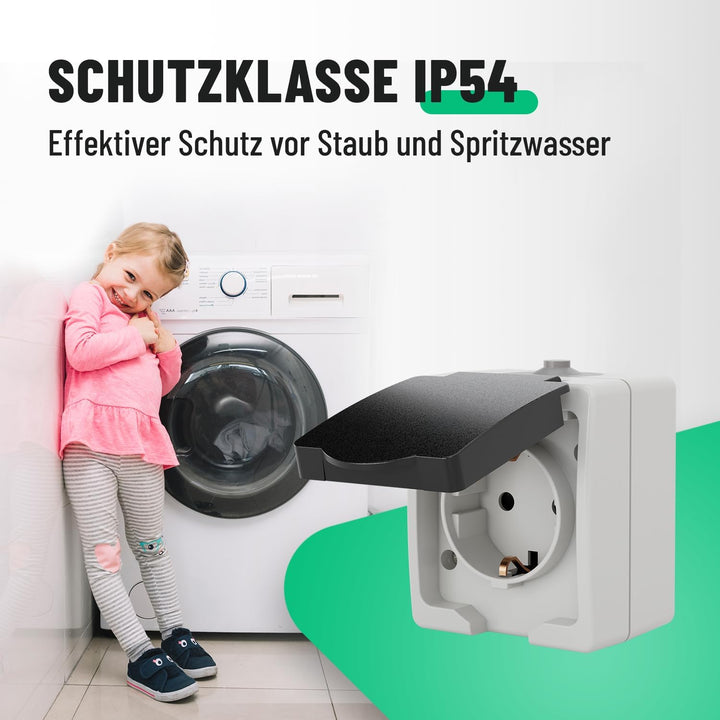 greate 3x Aufputz Steckdose 1fach für Feuchtraum - AP Steckdose mit Klappdeckel IP44, 250V, 16A, 2 p