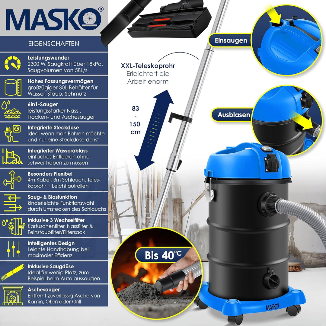Masko® 6IN1 Industriestaubsauger Staubsauger Nass Trocken Sauger Aschesauger 2300W + Steckdose✓ Blas