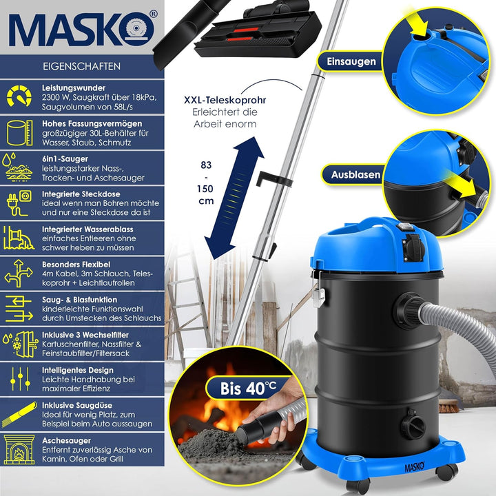 Masko® 6IN1 Industriestaubsauger Staubsauger Nass Trocken Sauger Aschesauger 2300W + Steckdose✓ Blas