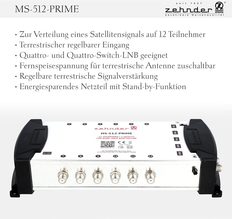 Zehnder 5/12 Multischalter 12 Teilnehmer 1 Satellit - Regelbare Terrestrik - Quattro und Quad LNB ge