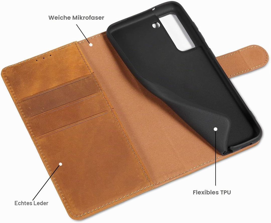 LENSUN Echtleder Hülle für Samsung Galaxy S21 FE 5G, Handyhülle Echt Leder [Kartenfach] [RFID Schutz