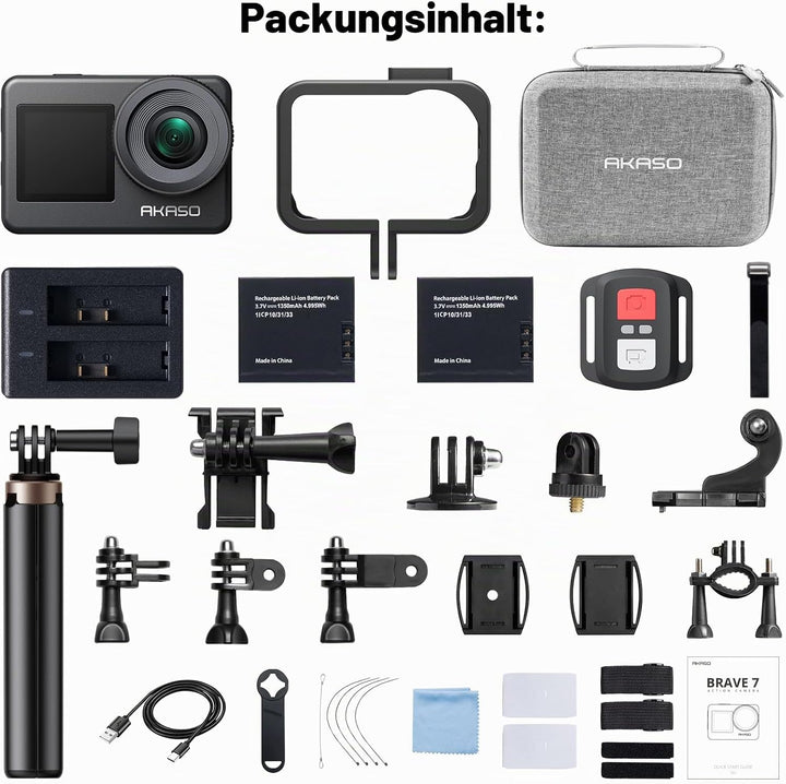 AKASO Brave 7 Action Cam 4K30FPS mit Stativ Selfie Stick und Tragetasche 20MP WiFi Unterwasserkamera