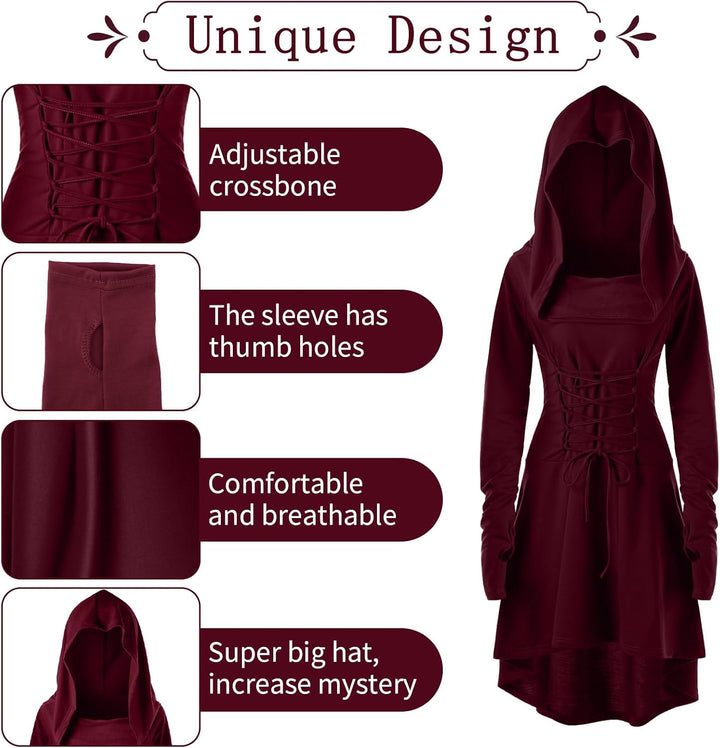 Pianocean Mittelalter Kleidung Damen, Renaissance Kleid, Gothic Kleid，Renaissance Mit Kapuze Langarm