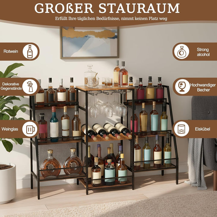 8-Tier Abgestufte Liquor Cabinet Mini Bar, Freistehendes Weinregal mit Geländer und Glashalter, Meta