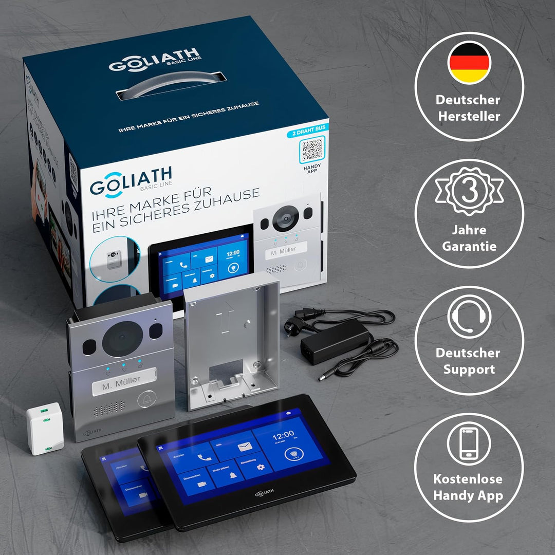 GOLIATH Basic Video Türsprechanlage, 2 Draht Bus, 2X 7 Monitor, Aufputz Türklingel mit Kamera, Gegen