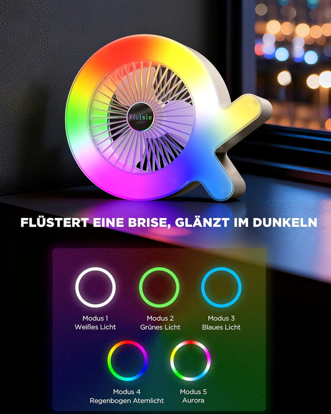 Tischventilator 2-in-1 Mit Rgb-licht Und Wiederaufladbarem 2000mAh Akku, USB-C, 3 Windgeschwindigkei
