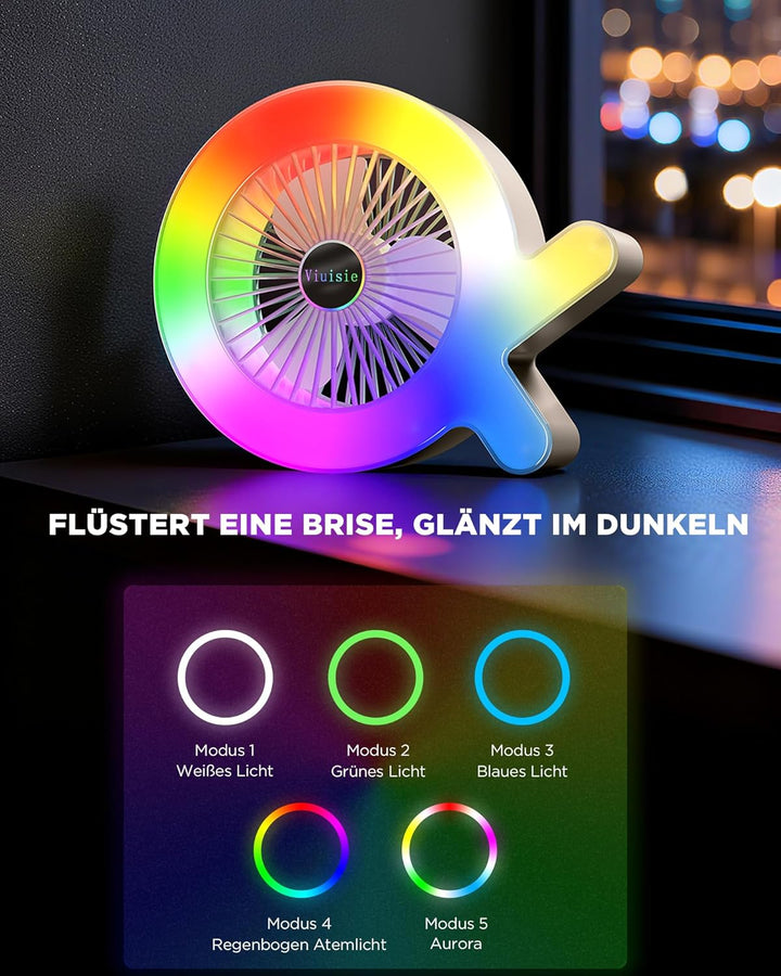 Tischventilator 2-in-1 Mit Rgb-licht Und Wiederaufladbarem 2000mAh Akku, USB-C, 3 Windgeschwindigkei