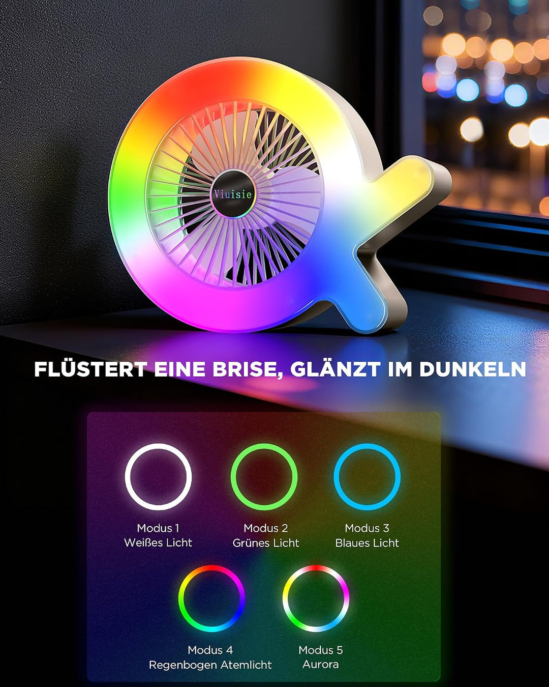 Tischventilator 2-in-1 Mit Rgb-licht Und Wiederaufladbarem 2000mAh Akku, USB-C, 3 Windgeschwindigkei