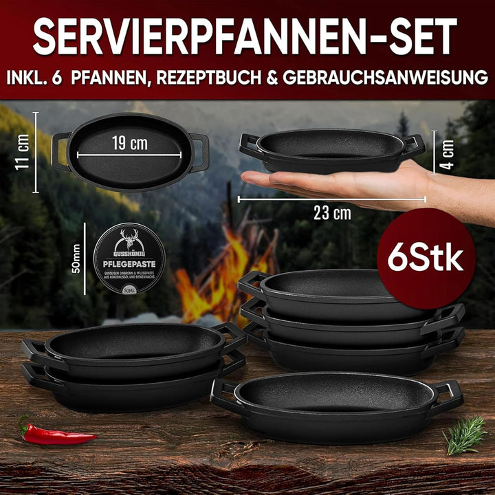 GUSSKÖNIG Servierpfannen Set – 6 ovale Gusseisen Grillpfännchen für den Grill – Gusseisenpfanne klei
