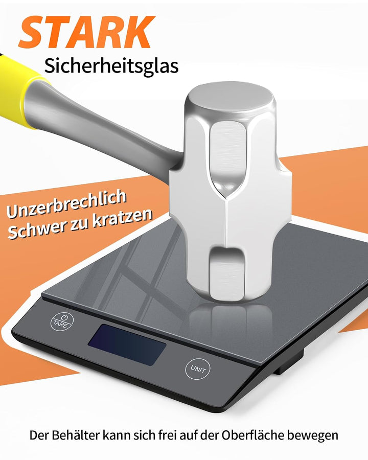 Küchenwaage Digitale mit LCD-Display und Tara-Funktion, Präzise 1g Messung zum Backen und Kochen, Gl