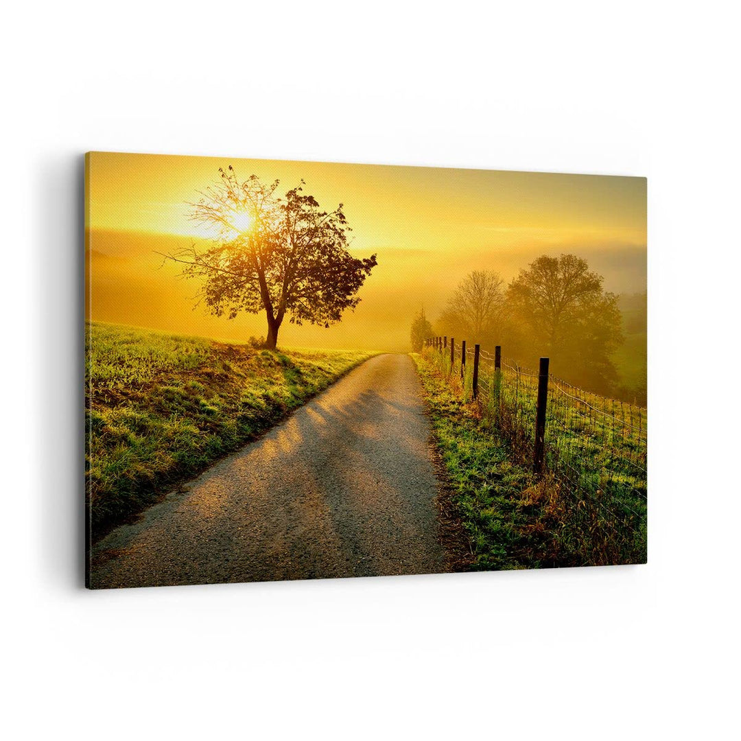 Bilder auf Leinwand 100x70cm Leinwandbild mit Rahmen Feld Strasse Baum Gross Wanddeko Bild Schlafzim