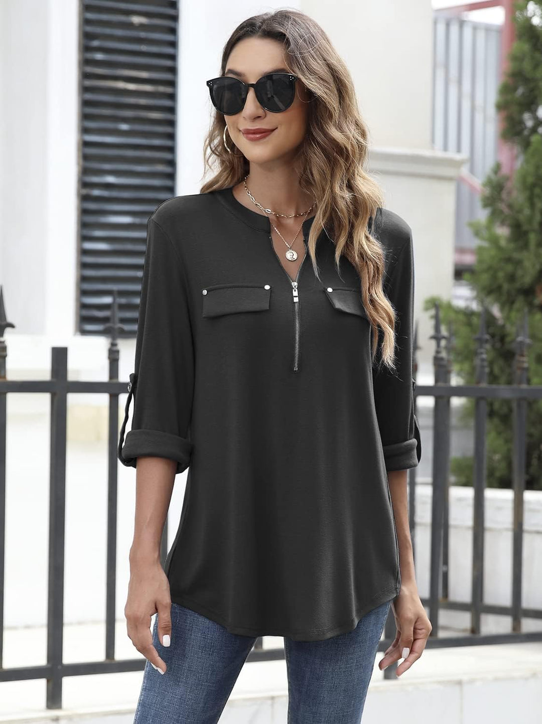 Siddhe Damen V-Ausschnitt Bluse 3/4 Ärmel Tunika mit Reissverschluss Elegant Longbluse Lange Shirt C