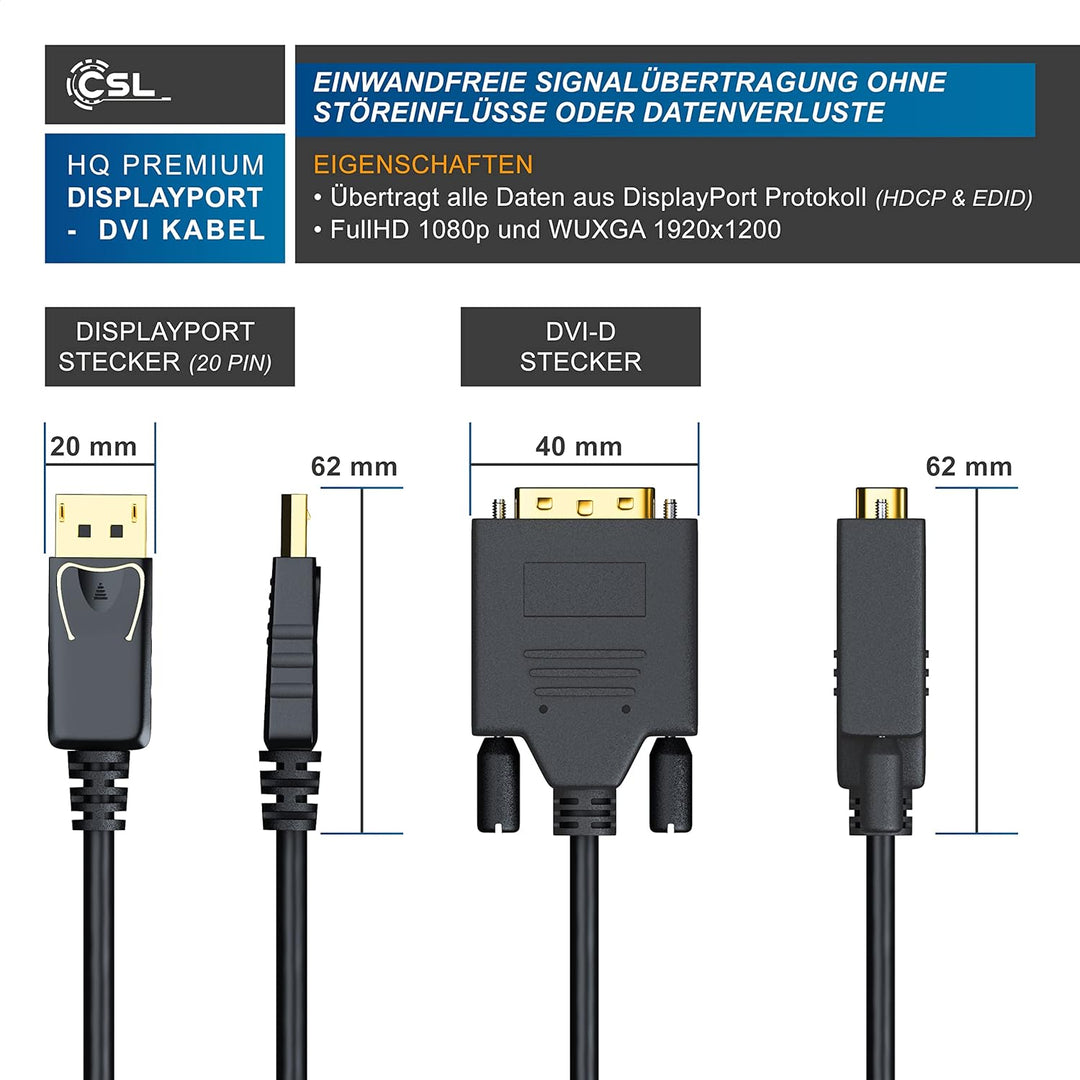 CSL - 1m Meter HQ Premium DisplayPort DP auf DVI Kabel - Zertifiziert HDCP und EDID - Full HD Ausflö