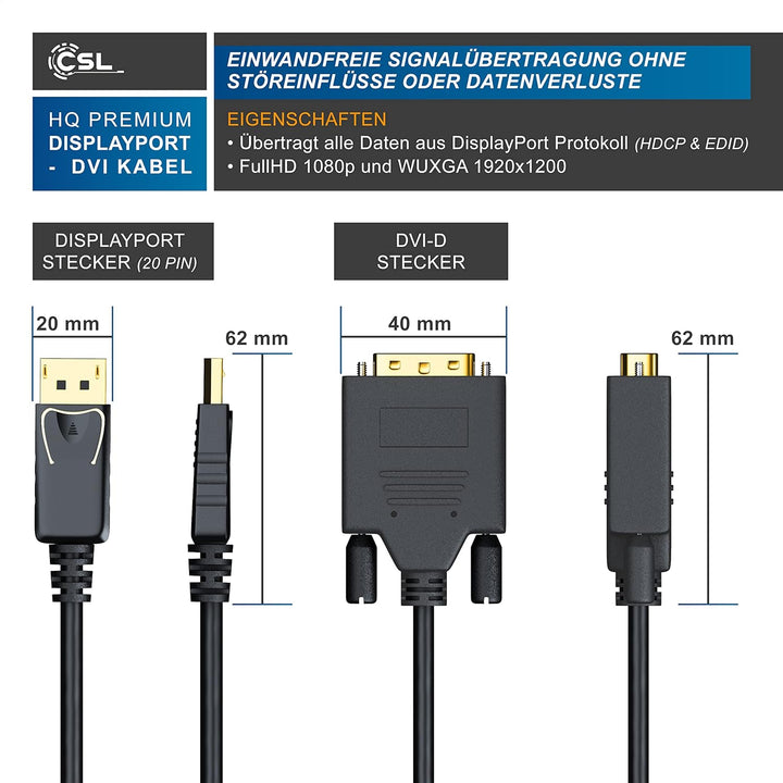 CSL - 1m Meter HQ Premium DisplayPort DP auf DVI Kabel - Zertifiziert HDCP und EDID - Full HD Ausflö