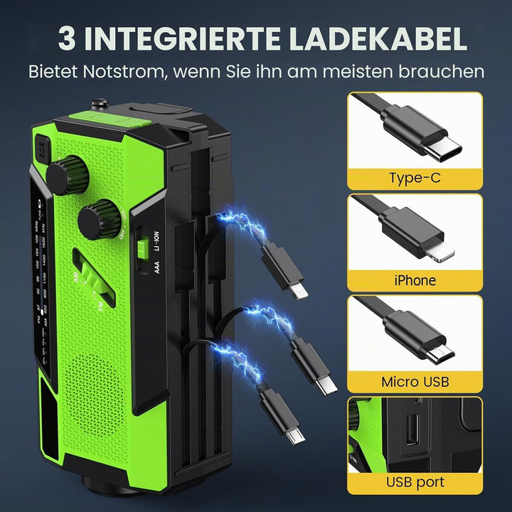 Kurbelradio, Radio mit Kurbel und Solar Notfall Ausrüstung mit 3 integrierten Kabeln, 4000mAh Notfal