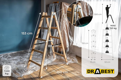 DRABEST - Holzleiter - für Malerarbeiten - 2X 5 Sprossen - m lang - bis 150 kg - Arbeitshöhe 1,53m 3