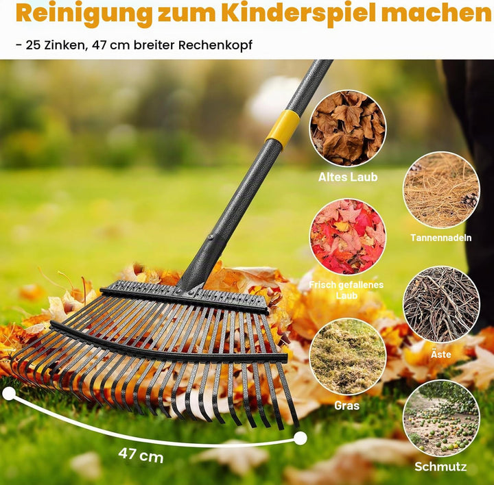 Rechen, Gartenlaubrechen Set - mit 32 Gallonen Laubsäcken und 2 Laubschaufeln, 202cm Laubrechen mit
