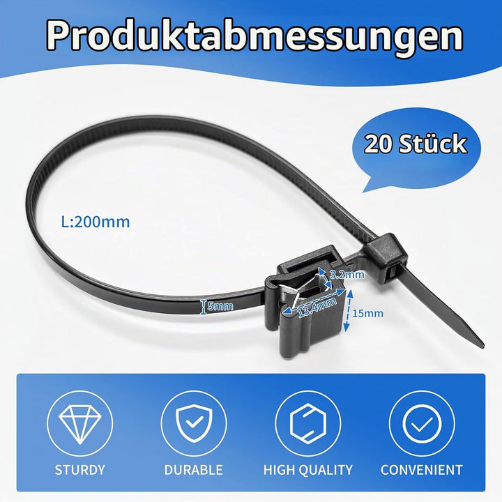 Kabelbinder mit Clip Kabelbinderhalter - 20X PV Kabelbinder UV Beständig mit Clip, Kabelbinder mit R