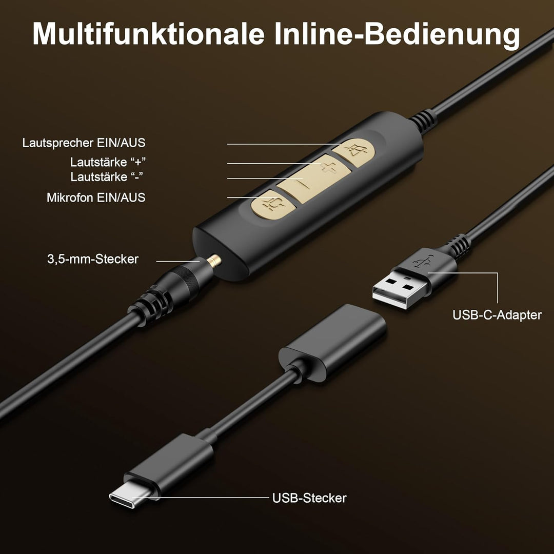 Wantek 882F Headsets mit Mikrofon Noise Cancelling und USB A 3,5mm Stecker Typ C Adapter für Call Ce