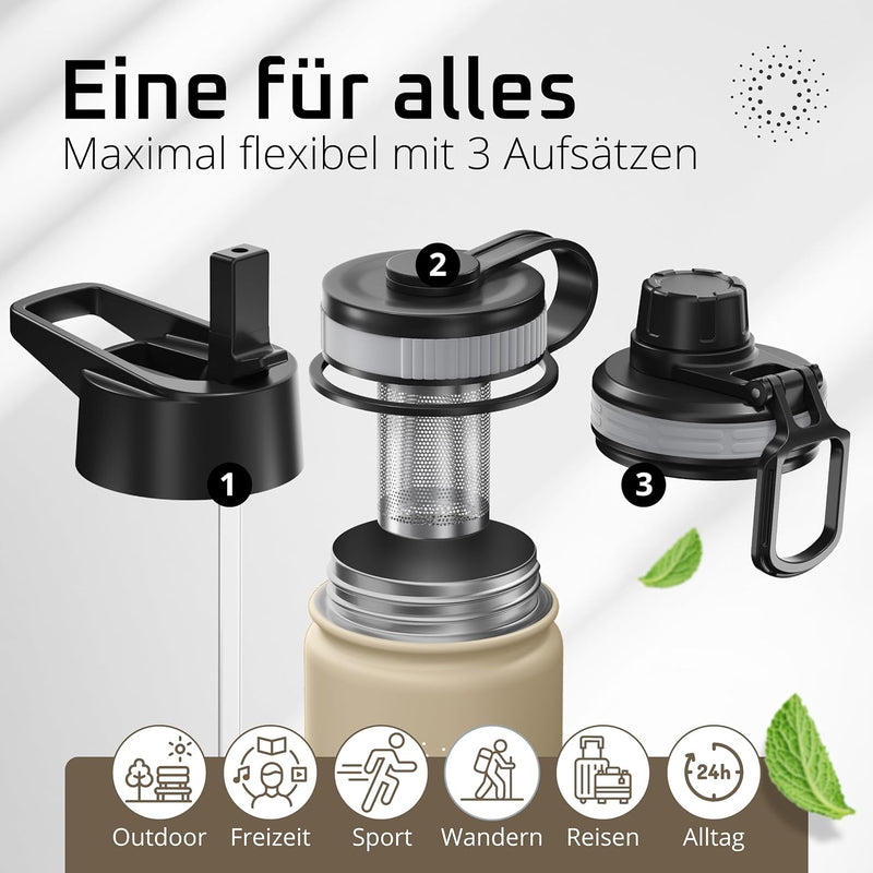 Trinkflasche Edelstahl ACTIVE FLASK + Strohhalm (3 Deckel) BPA-frei, Auslaufsicher, Kohlensäure geei