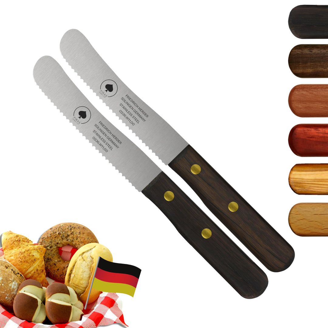Solingen Messer, 2er Set Räuchereiche Holzgriff, Wellenschliff, Premium Buckelmesser, Klinge rostfre