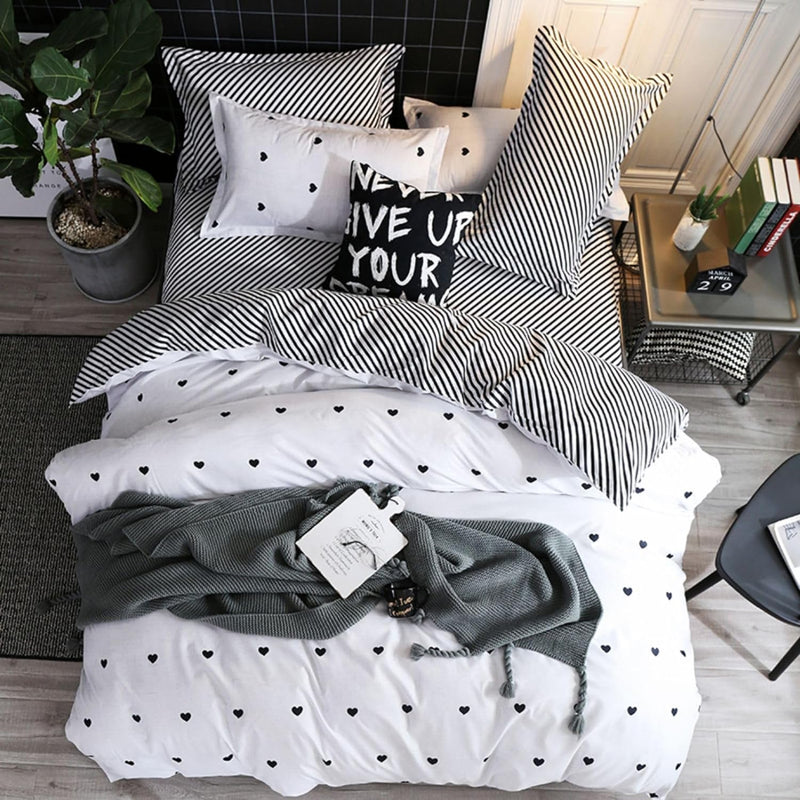 Freyamy Bettwäsche 200x200cm 3teilig Weiss Schwarz Herz Bettwaren-Sets Gebürstet Microfaser Weiche W