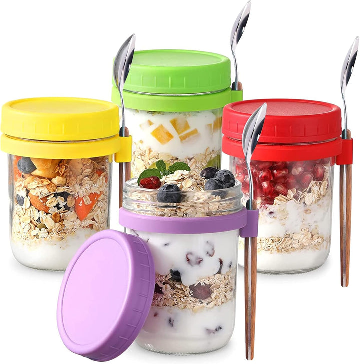 4 Einmachgläser, Overnight Oats Gläser mit Deckel und Löffel, Einweckgläser für Marmelade, Haferfloc